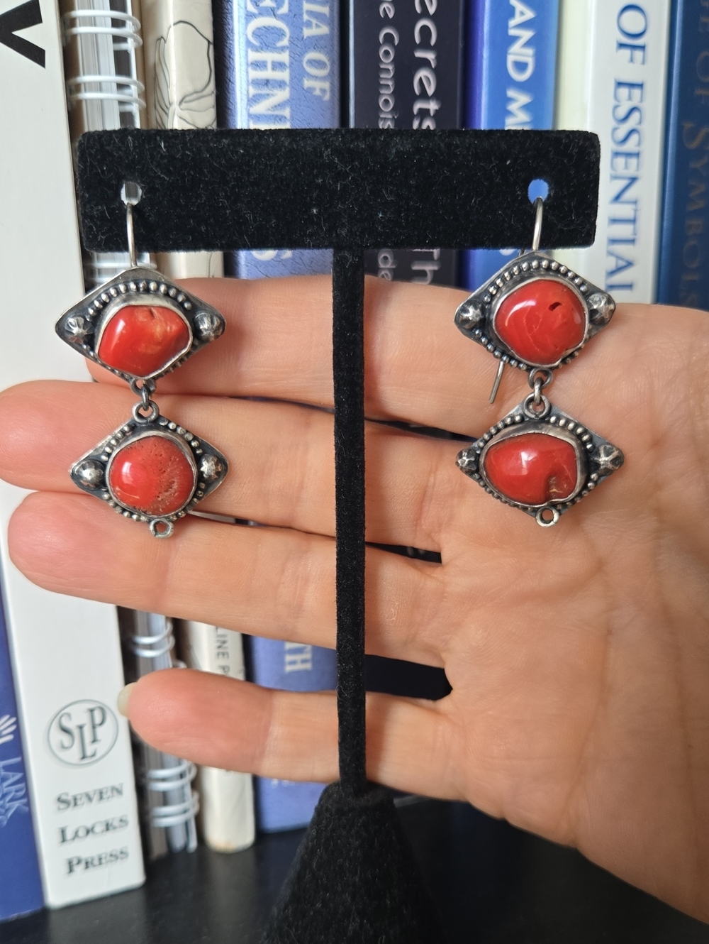 Vintage Native American Navaho Sterling Silver Red Coral Dangle Earrings